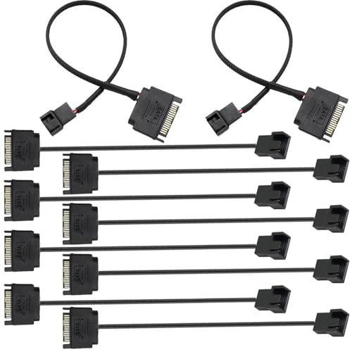 10st SATA Fan Power Cable, 15 Pin SATA tot 1 x 3 Pin / 4 Pin, 12V PC Case, PWM Fan Adapter, PC Power Cable voor Desktop Computer Cooling Case, 12V