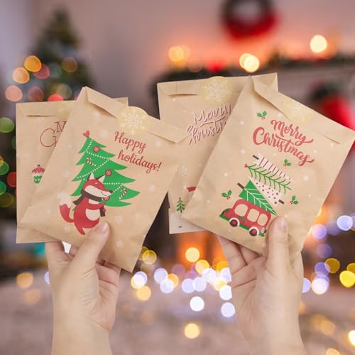 24 stuks kerstzakjes, adventskalender, Kerstmis om te vullen, cadeauzakjes, kraftpapier, stickers, etikken, Kerstmis, gastgeschenken voor snoep, geschenken (kleurrijk) 4
