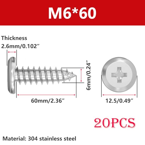 20st zelftappende schroeven, 304 RVS kruiskop platte kop, M6*60mm, zilver