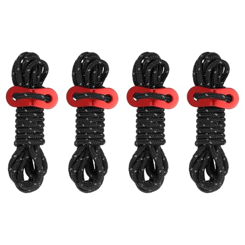 4mm Tent touw, 4Scs 6.5ft Reflectieve Guy Touw koord gebonden touw Paracord Cord Camping Touwen met Rode Aluminium koord Richters voor Camping Wandeltent, Zwart