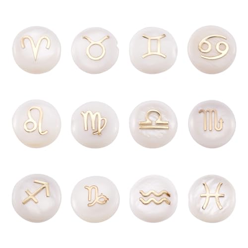 Platte Ronde Natuurlijke Zoetwater Shell Kralen met Zodiac Tekenpatroon Schijf Shell Kralen Spacer Kralen 8mm 12 stijlen voor DIY armband sieraden maken, Witte Rook
