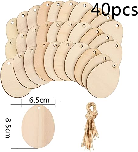 40 stuks Pasen ei decoratie met koord DIY ambachten voor het schilderen, houten hanger voor kinderen, paaseieren