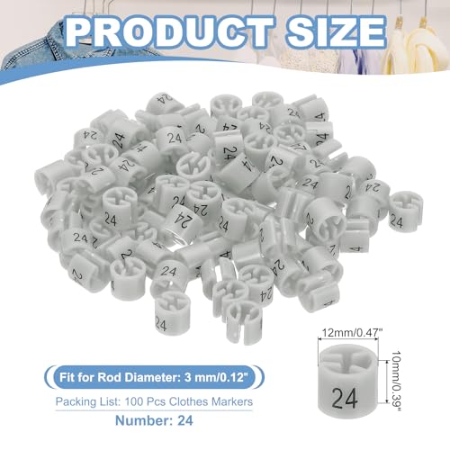 100st Coat Hanger Markers Nummer 24 Tags Fit 3mm Rod Garment Maat Tag Hanger Clips Ronde kleur Coding Label voor kleding Hangers, Grey