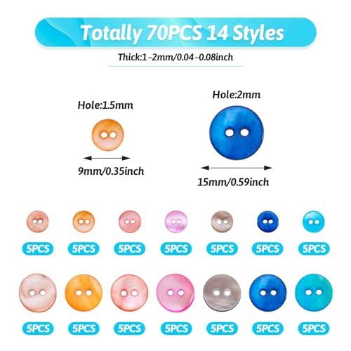 70 stuks Zoetwater Shell Knoppen 14 stijlen platte ronde Shell Knoppen 2 Hole Naaiknoppen voor doe-het-zelf Naaien Ambachten Kleding Jassen Pakjes Scrapbook Decoratie