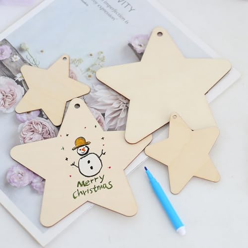 Verpakking van 20 grote houten poinsettia's voor opknoping 14 cm met touw, houten ster voor decoratie, handgemaakt voor kerstboom decoraties (grote sterren) 3