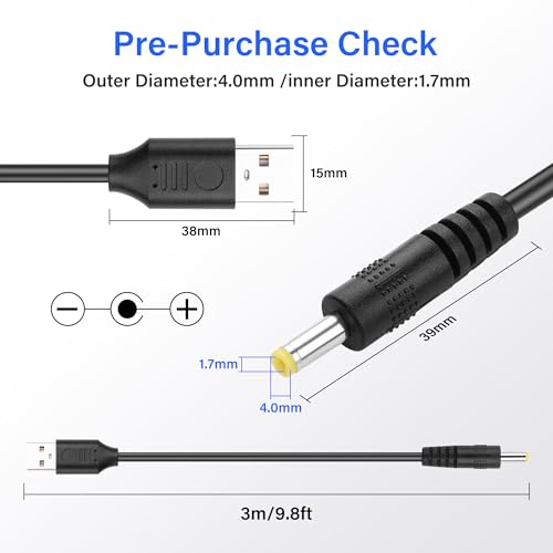 USB naar DC 4 x 1.7mm Power Cord, 5V3A Direct DC uitgang voor koptelefoons, Mini Fans, LED Lichten en draagbare apparaten, 3m duurzame oplaadkabel met pure koperen kern