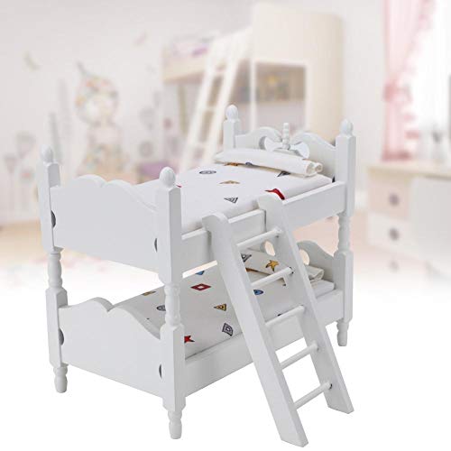 Bicaquu Poppenhuis Bunk Bed, 1:12 Mini Poppenhuis Bed, Miniatuur Simulated Houten stapelbed, Meubilair, Model Speelgoed Accessoires (White)