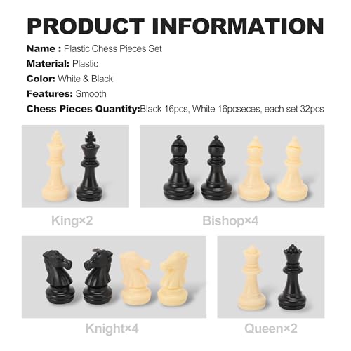 Peso Scacchi Torneo Gioco Set Solo pezzi degli scacchi, Scacchiera Gioco Set Scacchi internazionali Pezzi completi Scacchi Set Bianco e Nero (Medio-64mm, nero bianco)