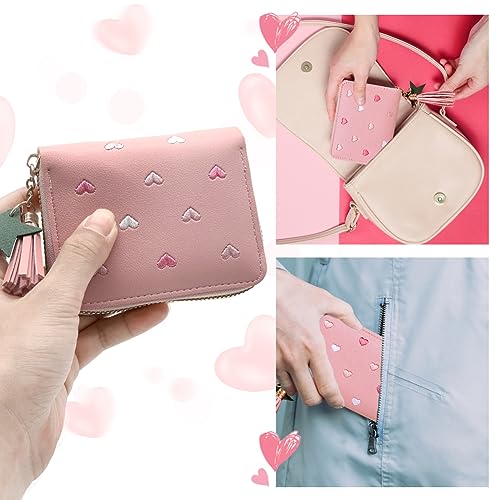 Kindertas, 2 stuks Schattig borduurwerk Thin Heart Small Purse Girls with Tassel Zip Wallet Slim Women Tieners Girls with Colourful Elastische Bands (Pink + Black), pink&black, modern 5