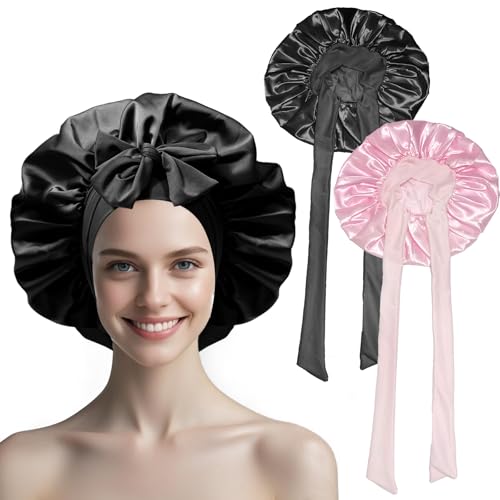 Zijde Bonnet voor het slapen, 2 stuks Comfortabel Elastische Satin Bonnet met brede rand en versterking Band, zijde haar Wrap voor vrouwen en meisjes met 5 stukken haar Bands - Roze en