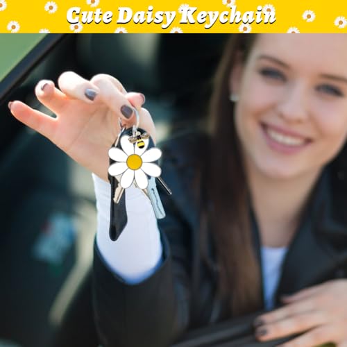 Zwelkleur Grappige sleutelhangers, 2 stukken Schattige madeliefjes voor meisjes, metalen sleutelhanger, Charm Bloemen voor zaksleutels, Cadeau voor vrouwen en meisjes, Bloemenliefhebbers, Wit