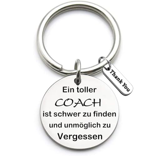 Roestvrij stalen sleutelhanger met gravure "Ein Toller Coach ist schwerzu find und impossible to forget" Sleutel Ring Teacher Coach Keychain Gift voor Lerarendag, Zilver, M, zilver