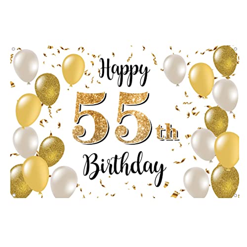 Verjaardagsdecoratie voor mannen/vrouwen, 55e verjaardag, Stof Tekenposter, Achtergrond Banner, Verjaardagsdecoratie, Wit en Goud, 1.5 Metres