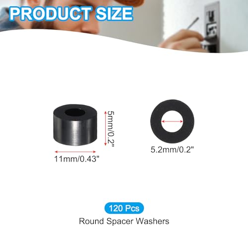 Zwart ABS ID 5.2mm, OD 11mm, Lengte 5mm, Nylon Ronde Spacer Wasmachines, 120Stuks Plastic Standoff Rubber Nut Ongeschroefd voor M5 Schroeven Socket Switch Receptacle
