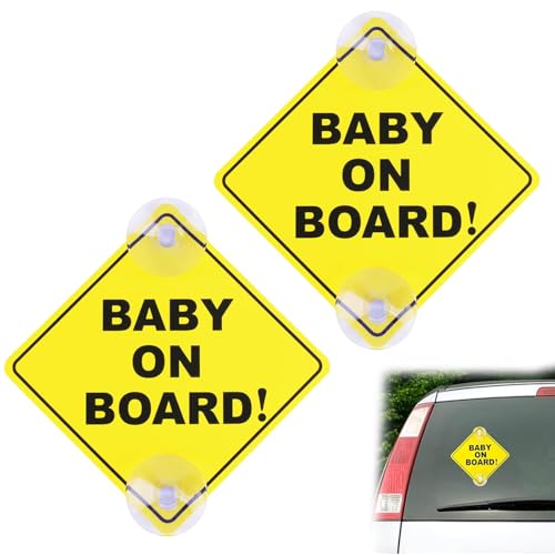 2 st. Baby aan boord van de auto waarschuwingsborden, Baby aan boord Stickers Auto met 2 Zuigbekers, Baby aan boord Sticker Car, 12 x 12cm veiligheidsauto Teken, Kinderen Auto Teken, voor Auto Windows, Herbruikbaar