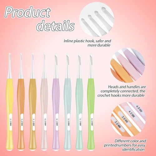 Haak haken gezet, 8 Stuk Ergonomisch Non-slip inline haak haken ingesteld voor beginners, zachte Grip, haak haken voor hoeden, handschoenen, sjaals, breien, DIY, 2.5-6mm (C-J) 3