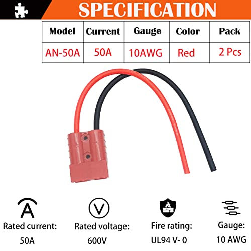 Batterij aansluiting, 50 A 600 V batterij snelle aansluiting, stekker, snelle aansluiting/scheidingsplug, met 25 cm 10 AWG kabel (2 sets, rood) 4