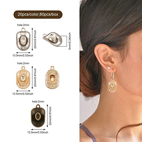 60 Stuks Legering Hoed Bedels Tibetaanse Style Legering Cowboy Hoed Hangers Handgemaakte Decoratieve Bedels voor Ketting oorbellen sieraden ambachten maken, Metaal 3