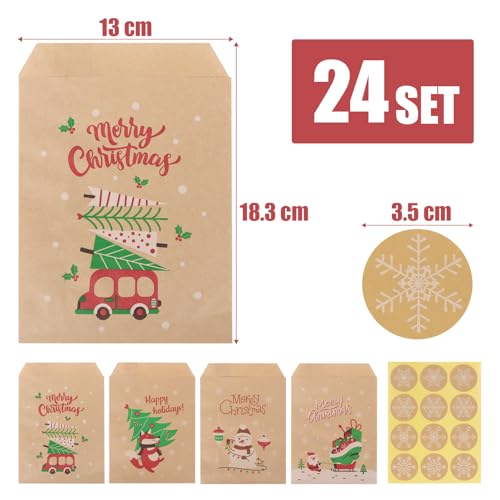 24 stuks kerstzakjes, adventskalender, Kerstmis om te vullen, cadeauzakjes, kraftpapier, stickers, etikken, Kerstmis, gastgeschenken voor snoep, geschenken (kleurrijk)