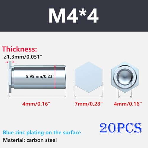 20 st Rivet Noten, Hex Rivet Nut, M4 x 4mm Vrouwelijke Thread Walk Nuts, Rivet Nut Gemaakt van Galvanized Carbon Steel voor staal, Legering, Metaal