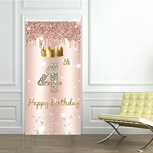 4.Birthday decoratie voor meisjes, deur decoratie roos goud,4e verjaardag stof teken opknoping poster,4e verjaardag achtergrond banner partij welkom teken 4