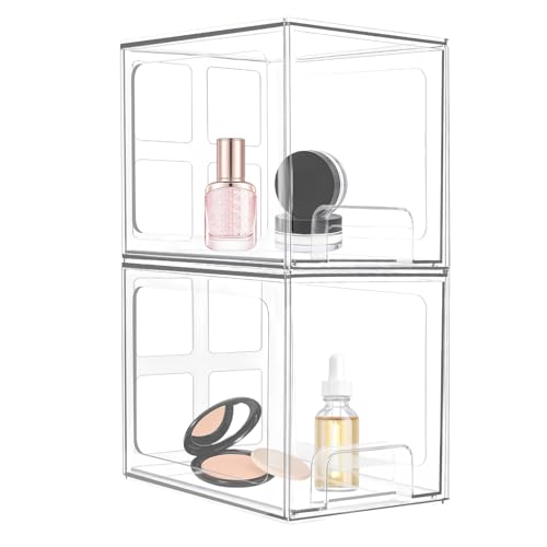 2 stuks Stapelbare opslagladen Make-up Organisator Opslag laden, 19 x 15.2 x 16,7 cm, Plastic Cosmetic Badkamer Organizer, Duidelijke Lade Organisator, Acryl Organizer, met 16 Non-Slip Mat (A)