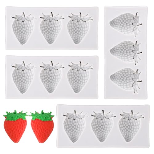 4Pcs 3D Aardbei siliconen mallen, Mini Fruitvormen voor Cake Decoratie Cupcake Topper Chocolade Fondant Candy Jelly Polymer Clay en Gumpaste