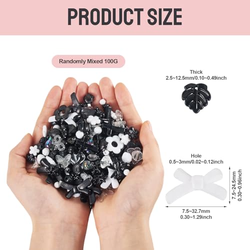 100g Diverse Acryl kralen Bloem kralen Caps Bow Butterfly Bloemen Blad esthetische ambacht kralen Bulk voor armband sieraden maken, zwart & wit 3