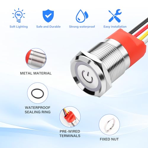 19mm Touch Switch, 0.74 Inch LED Latching Switch, DC 6V tot 36V, IP67 Waterdichte metalen Momentary Touch Knop voor 3/4" Drill Hole 3