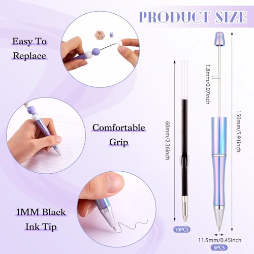 5 st Kralen Pennen met 10 st 1 mm Pen Refill Plastic Kralen Pennen Shank Black Ink Ballpoint Pen voor Pen Making School Office Supplies, Cornflower Blue 3