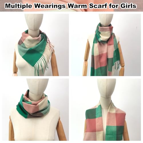 Meisjes Tartan Sjaal, Soft Cashmere Plaid Sjaal Wraps Sjaal Winter Long Sjaal voor meisjes Kids Neck Warmer, Roze Groen, 190×31cm/74.8×31cm, Roze Groen 4