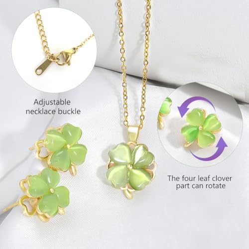vier klaver sieraden set, groene klaver vier ketting oorbellen set twist klaver ketting en oorbellen set voor vrouwen moeder dochter, een maat, Titanium staal, Geen edelsteen, One Size, titanium 3