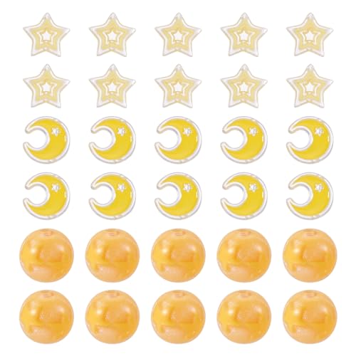 30 st Ster en Maan Acryl kralen Ronde met Star Glitter Acryl kralen Ronde en Maan kralen Grote Hole Star Spacer kralen voor DIY armband oorbellen maken, Geel