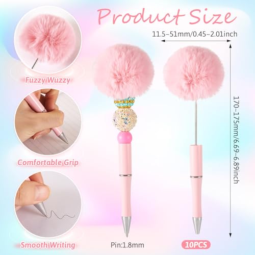 10 stuks pluche kralen Pennen Fluffy Ballpoint Pennen Pom Pom Ballpoint Pen voor DIY Gepersonaliseerde kralen Pen Rollerball Pen Office School Supplies, Pearl Pink
