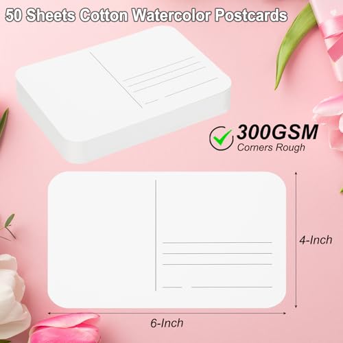 50 Vellen Aquarel ansichtkaarten, 100% Katoen 100 x 18 cm Blanco afgeronde hoeken Aquarelpapier Postkaarten Raw for Mailing Art Painting Drawing, 150lbs/300g/m2