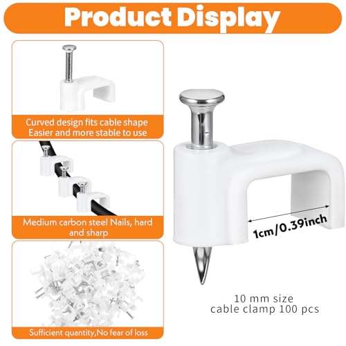 100 st. White Cable Clips, 10mm Wire Wall Clips met stalen Nails, Ethernet Kabel Clips, Kabel Nails, Coaxiale Kabel Clips voor Draad Ethernet Kabels (10mm) 3