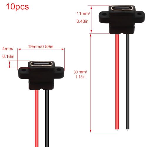 Pak van 10 waterdichte USB-C socket, 2-draads ingebouwde Type-C aansluiting, USB-C connector voor paneelmontage, 3A, snel opladen Type-C aansluiting, USB-C pigtail kabel, USB-C plug naar