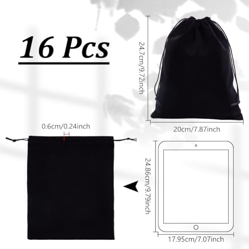 16 st. Zwarte fluwelen zak zakjes, koord sieraden zakken Rechthoekige geschenktassen voor bruiloft feest kerst sieraden verpakking, 24.7×20cm