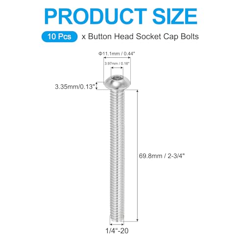 1/4-20 x 2-3/4 Inch Hex Socket Head Schroeven, 10 stuks roestvrij staal 304 18-8 Allen Hex Drive volledige draad fijne draad unc