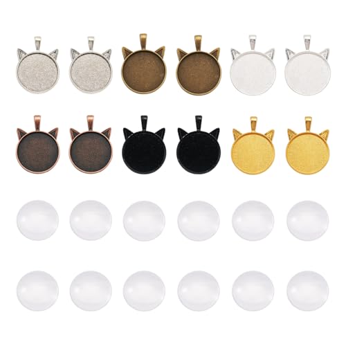 24 Set Kitten Hanger Maken Kit 25 mm Kat Cabochon Instellingen Dier Legering Hanger Trays Transparant Glas Cabochons voor Scrapbooking Sieraden Kunst Maken Telefoon Case Accessoires Craft