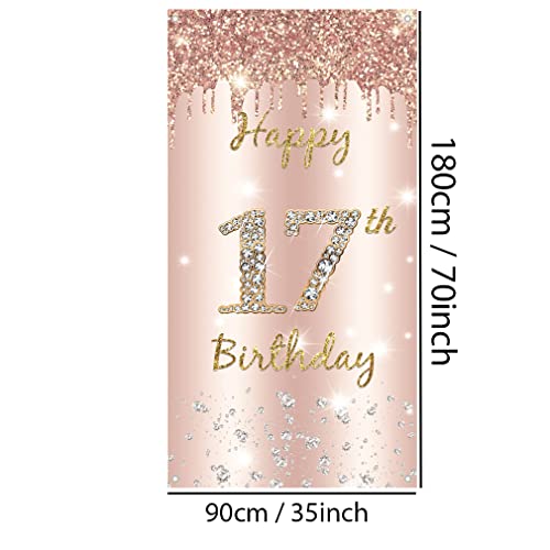 17e verjaardag decoraties voor meisje, gelukkig 17e verjaardag achtergrond Banner Rose Gold Fabric Sign poster 17 jaar oude partij levert foto achtergrond welkom tekenen, 180cmx90cm