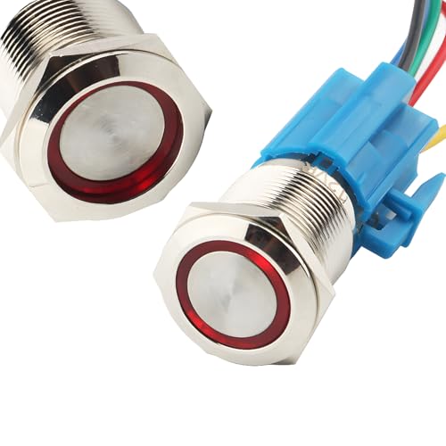 LED verlichte drukknop, zelfvergrendelende drukknop, IP67 LED-knop, LED-duwknop voor auto met 23cm kabelset voor 19mm 3/4 inch bevestigingsgat, 12V-vermogen (rood)