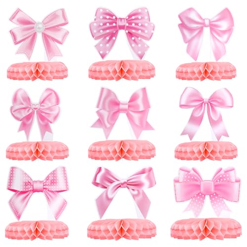 9 st Pink Bow Honingraat Middenstukjes, Bowknot Centers voor tafel roze Bow Paper Cutouts Coquette verjaardag decoraties voor meisjes vrouwen bruiloft bruidsdouche engagement