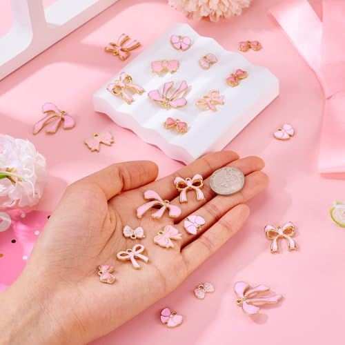 14 st. Pink Bowknot Emaill Hangers Gold Rand Bowknot Dangle Charms Legering Bow Hangers voor DIY oorbellen Ketting Present Decoration, Emaill, Enamel 5
