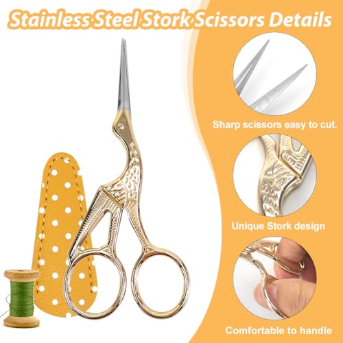 Borduurschaar, 4,5" Roestvrij stalen Ooievaarsschaar Kleine Ambachtelijke Schaar voor Naaien Kruissteek Naaldwerk Threading met PU Schaar Cover-Gold 4