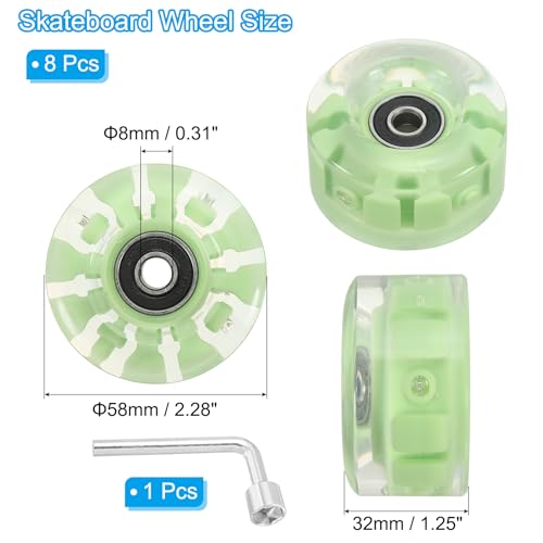 Rolschaatsen Wielen Set, 8 Pack 58mm 82A Light Up Skateboard Cruiser Wielen Set met Lagers Trucks Tool Kit voor Outdoor Dubbele Rijschaatsen, Groen
