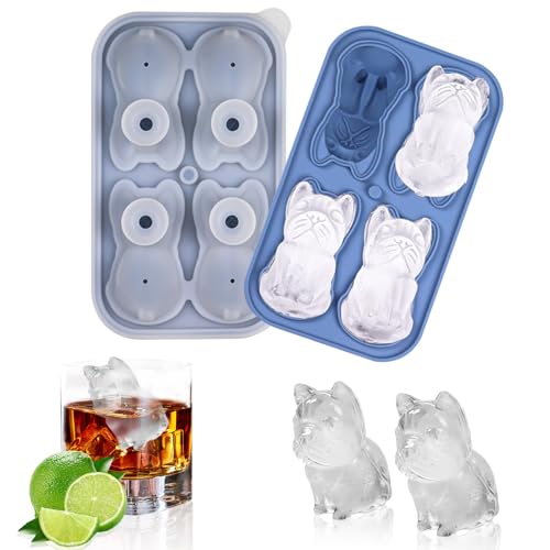 3D Bulldog vorm ijs kubus tray, leuke herbruikbare siliconen ijs kubus tray met deksel Eenvoudig vrij te geven schattig dier ijs doos maken 4 stuks ijsballen voor Whisky Cocktails sap Bourbon