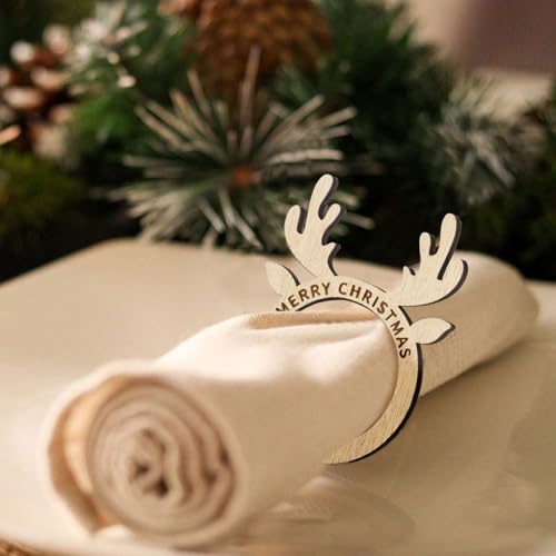 12 stuks Kerst Napkin Ringen, Houten vrolijk kerstnapkin houder, Antler Napkin Buckles voor Kerstdiner Tafel Instellingen Decoratie 4
