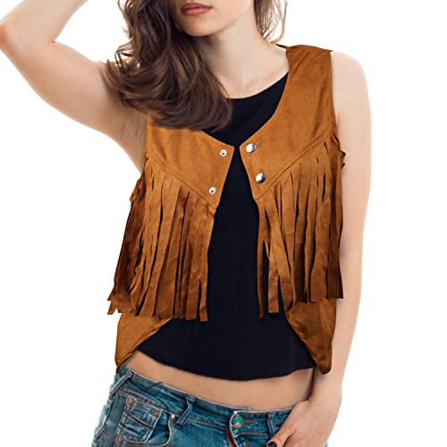 Soft Cowgirl Fringe Vest - Sleeveless Cropped Jacket met Tassels, Bruin Hippie kostuum 70s Stijl voor vrouwen (L), l