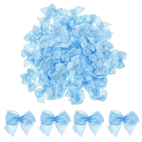 100 stuks Kleine Bows voor ambachten, Mini Blue Satin Ribbon Bows Floral Appliques DIY Craft Pre-tied Wrap Bow voor het naaien Scrapbooking bruiloft geschenk